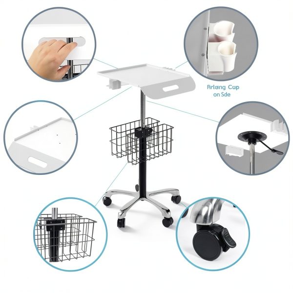 Medical Cart POCHAR MC-12 White Adjustable Height Aluminum Trolley-4