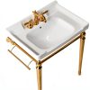 28" Wall-Mounted Ceramic Bathroom Sink Vanity, Rectangular Integrated Basin with 3 Faucet Holes, Gold Stainless Steel Support Legs & Towel Bar, Freestanding Design, No Faucet Included, White-5