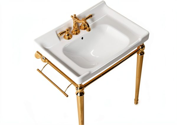 28" Wall-Mounted Ceramic Bathroom Sink Vanity, Rectangular Integrated Basin with 3 Faucet Holes, Gold Stainless Steel Support Legs & Towel Bar, Freestanding Design, No Faucet Included, White-5