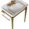 28" Wall-Mounted Ceramic Bathroom Sink Vanity, Rectangular Integrated Basin with 3 Faucet Holes, Gold Stainless Steel Support Legs & Towel Bar, Freestanding Design, No Faucet Included, White-7