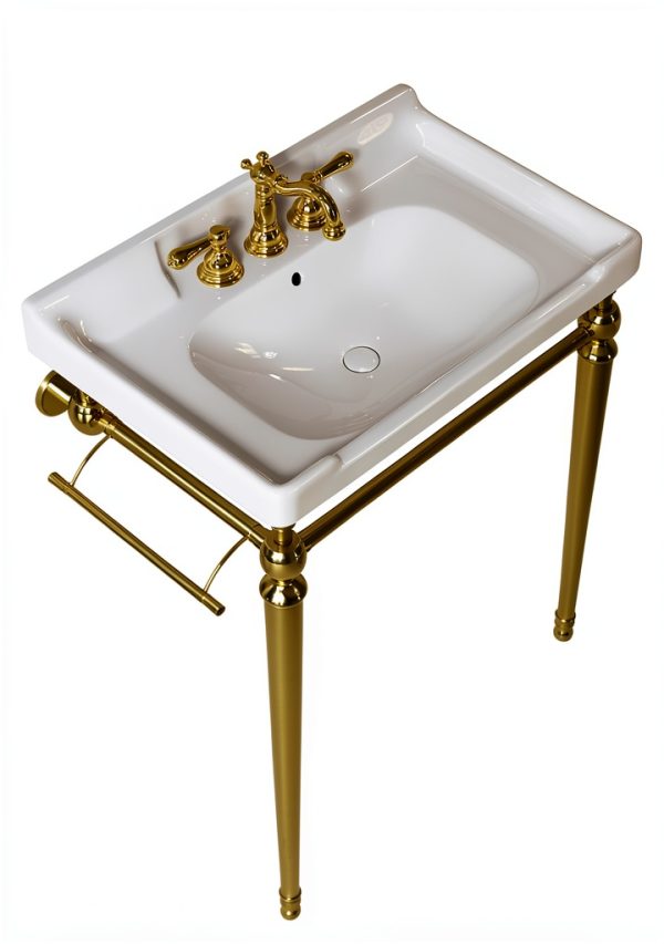 28" Wall-Mounted Ceramic Bathroom Sink Vanity, Rectangular Integrated Basin with 3 Faucet Holes, Gold Stainless Steel Support Legs & Towel Bar, Freestanding Design, No Faucet Included, White-7