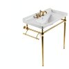 28" Wall-Mounted Ceramic Bathroom Sink Vanity, Rectangular Integrated Basin with 3 Faucet Holes, Gold Stainless Steel Support Legs & Towel Bar, Freestanding Design, No Faucet Included, White-1