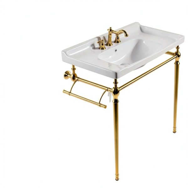 28" Wall-Mounted Ceramic Bathroom Sink Vanity, Rectangular Integrated Basin with 3 Faucet Holes, Gold Stainless Steel Support Legs & Towel Bar, Freestanding Design, No Faucet Included, White-1