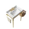28" Wall-Mounted Ceramic Bathroom Sink Vanity, Rectangular Integrated Basin with 3 Faucet Holes, Gold Stainless Steel Support Legs & Towel Bar, Freestanding Design, No Faucet Included, White-6