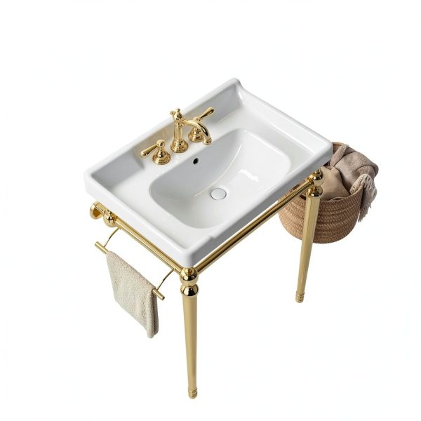28" Wall-Mounted Ceramic Bathroom Sink Vanity, Rectangular Integrated Basin with 3 Faucet Holes, Gold Stainless Steel Support Legs & Towel Bar, Freestanding Design, No Faucet Included, White-6