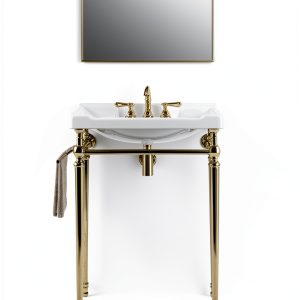 28" Wall-Mounted Ceramic Bathroom Sink Vanity, Rectangular Integrated Basin with 3 Faucet Holes, Gold Stainless Steel Support Legs & Towel Bar, Freestanding Design, No Faucet Included, White-0