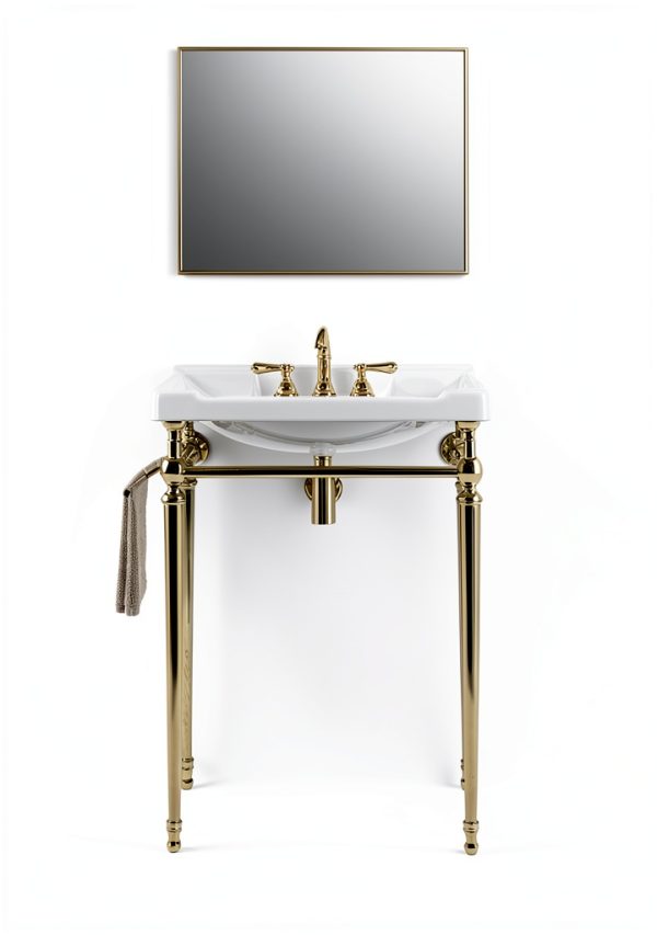 28" Wall-Mounted Ceramic Bathroom Sink Vanity, Rectangular Integrated Basin with 3 Faucet Holes, Gold Stainless Steel Support Legs & Towel Bar, Freestanding Design, No Faucet Included, White-0