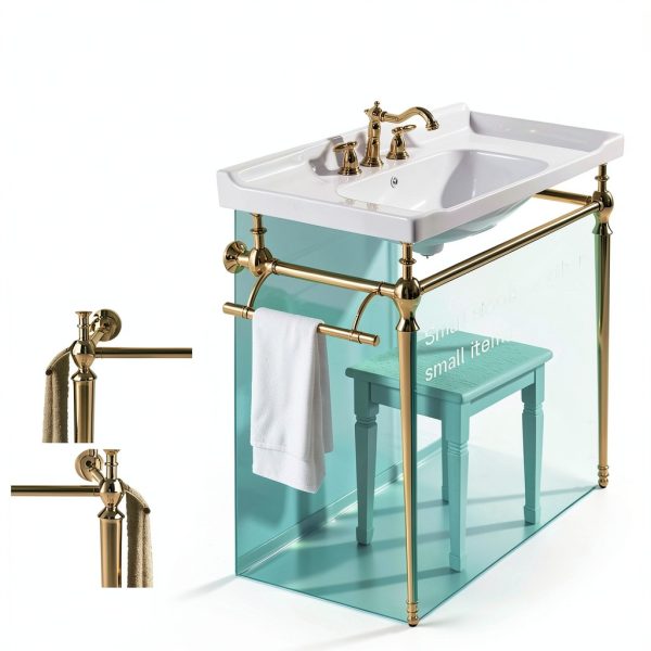 28" Wall-Mounted Ceramic Bathroom Sink Vanity, Rectangular Integrated Basin with 3 Faucet Holes, Gold Stainless Steel Support Legs & Towel Bar, Freestanding Design, No Faucet Included, White-2
