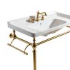 28" Wall-Mounted Ceramic Bathroom Sink Vanity, Rectangular Integrated Basin with 3 Faucet Holes, Gold Stainless Steel Support Legs & Towel Bar, Freestanding Design, No Faucet Included, White-4