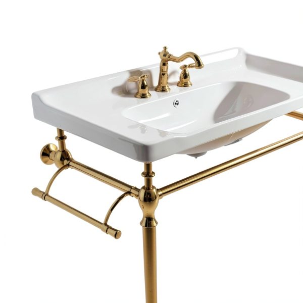 28" Wall-Mounted Ceramic Bathroom Sink Vanity, Rectangular Integrated Basin with 3 Faucet Holes, Gold Stainless Steel Support Legs & Towel Bar, Freestanding Design, No Faucet Included, White-4