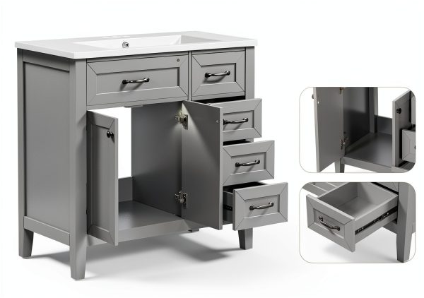 Bathroom Vanity Favfurish 36" Grey 3-Drawer Freestanding Ceramic Sink-8