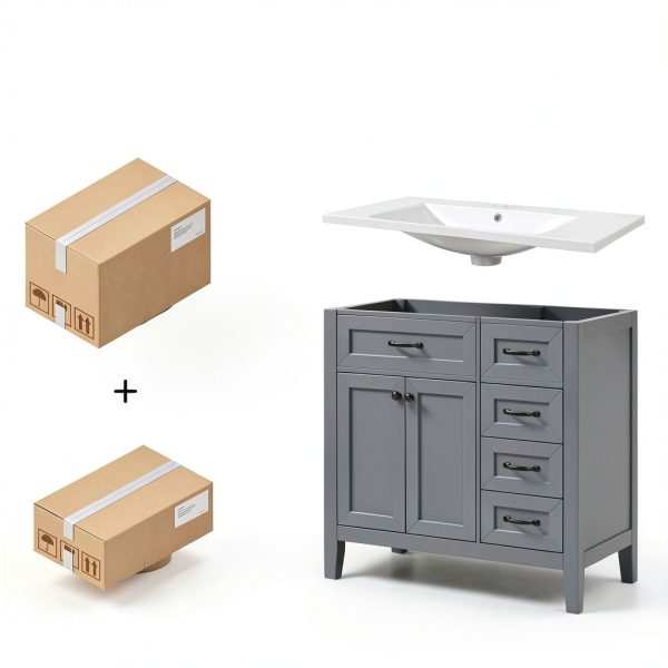 Bathroom Vanity Favfurish 36" Grey 3-Drawer Freestanding Ceramic Sink-5