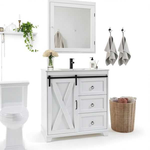 Bathroom Vanity Pipleo 36" White Farmhouse with Sliding Barn Door-5