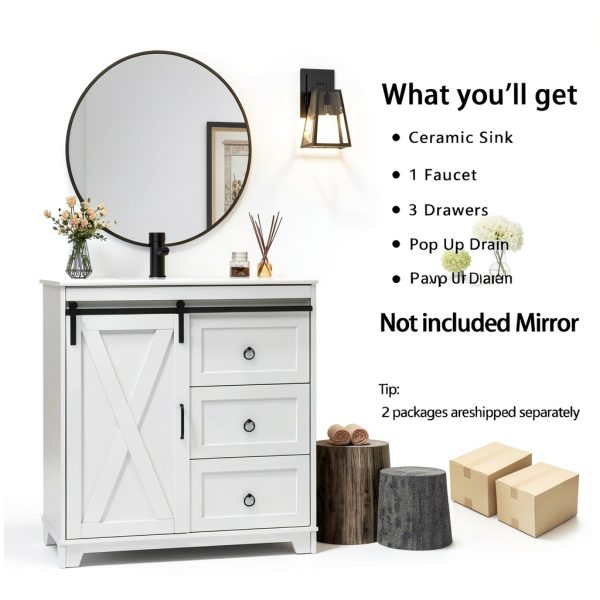 Bathroom Vanity Pipleo 36" White Farmhouse with Sliding Barn Door-6