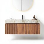 48 Inch Bathroom Vanity with Sink, Wall-Mounted Storage Cabinet with Drawer & Doors, Sintered Stone Countertop & Ceramic Basin, Pre-Assembled Light Gray, Brown Oak-0