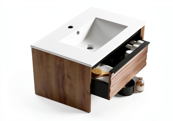 30 Inch Bathroom Vanity with Sink Floating Vanity Bathroom Wall Mounted Cabinet with 2 Soft Close Drawers, Wood, Ceramic Sink, Mid Century Modern, Oak White-5