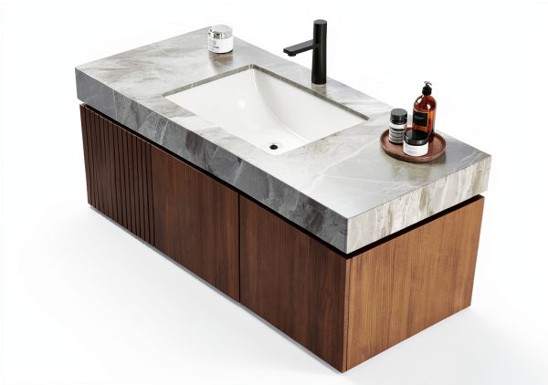 48 Inch Bathroom Vanity with Sink, Wall-Mounted Storage Cabinet with Drawer & Doors, Sintered Stone Countertop & Ceramic Basin, Pre-Assembled Light Gray, Brown Oak-1