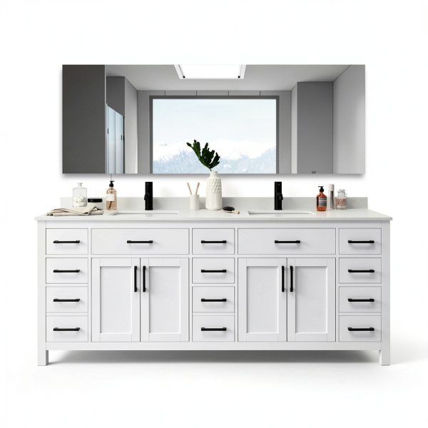 Beckett 84" Double Vanity – Wyndham White Marble Countertop, Black-1