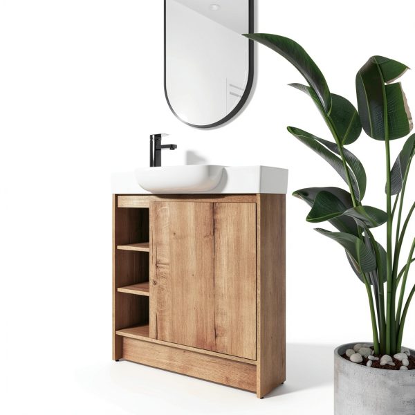 30 Inch Bathroom Vanity, Freestanding Sink Vanity for Bathrooms, Storage Bathroom Vanity with 1 Soft Closing Cabinet, One Door & Two Open Storage compartments, Light Brown-4