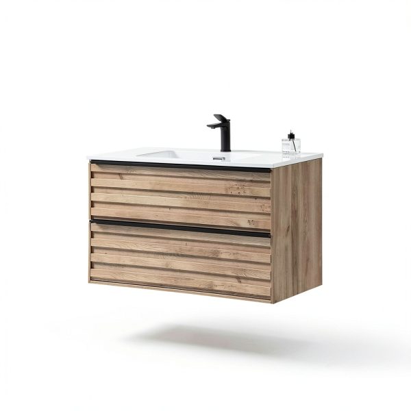 30 Inch Bathroom Vanity with Sink Floating Vanity Bathroom Wall Mounted Cabinet with 2 Soft Close Drawers, Wood, Ceramic Sink, Mid Century Modern, Oak White-2