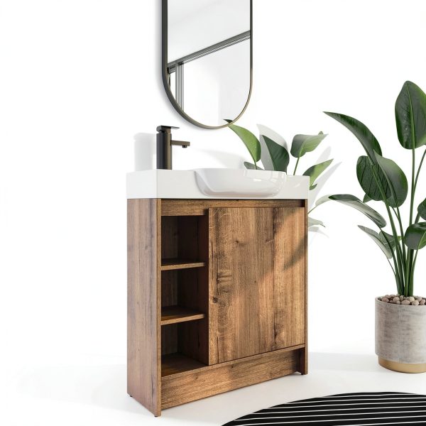 30 Inch Bathroom Vanity, Freestanding Sink Vanity for Bathrooms, Storage Bathroom Vanity with 1 Soft Closing Cabinet, One Door & Two Open Storage compartments, Light Brown-6