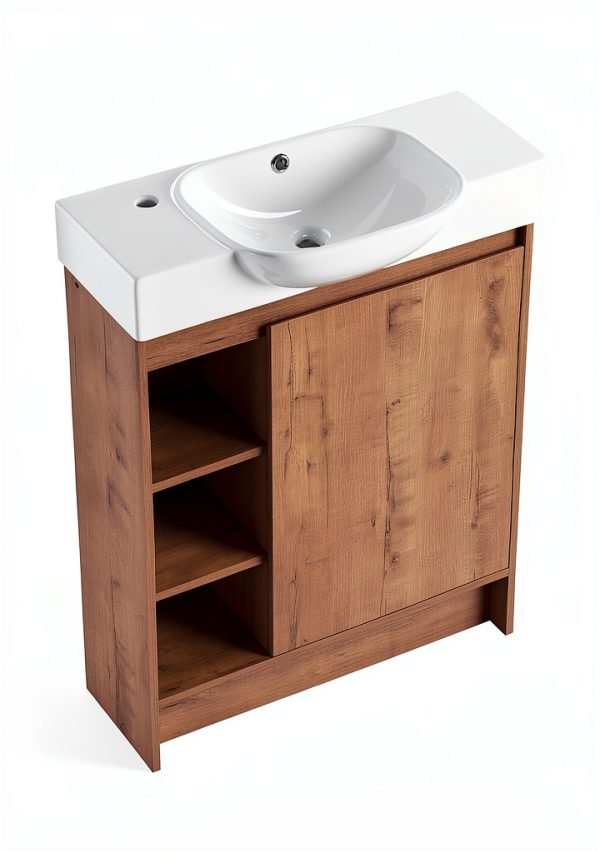 30 Inch Bathroom Vanity, Freestanding Sink Vanity for Bathrooms, Storage Bathroom Vanity with 1 Soft Closing Cabinet, One Door & Two Open Storage compartments, Light Brown-1