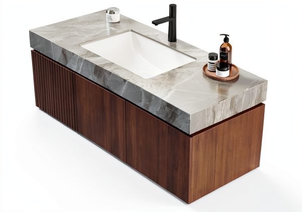 48 Inch Bathroom Vanity with Sink, Wall-Mounted Storage Cabinet with Drawer & Doors, Sintered Stone Countertop & Ceramic Basin, Pre-Assembled Light Gray, Brown Oak-2