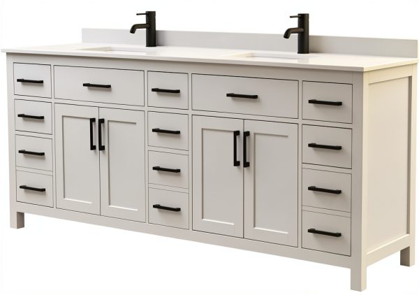 Beckett 84" Double Vanity – Wyndham White Marble Countertop, Black-0